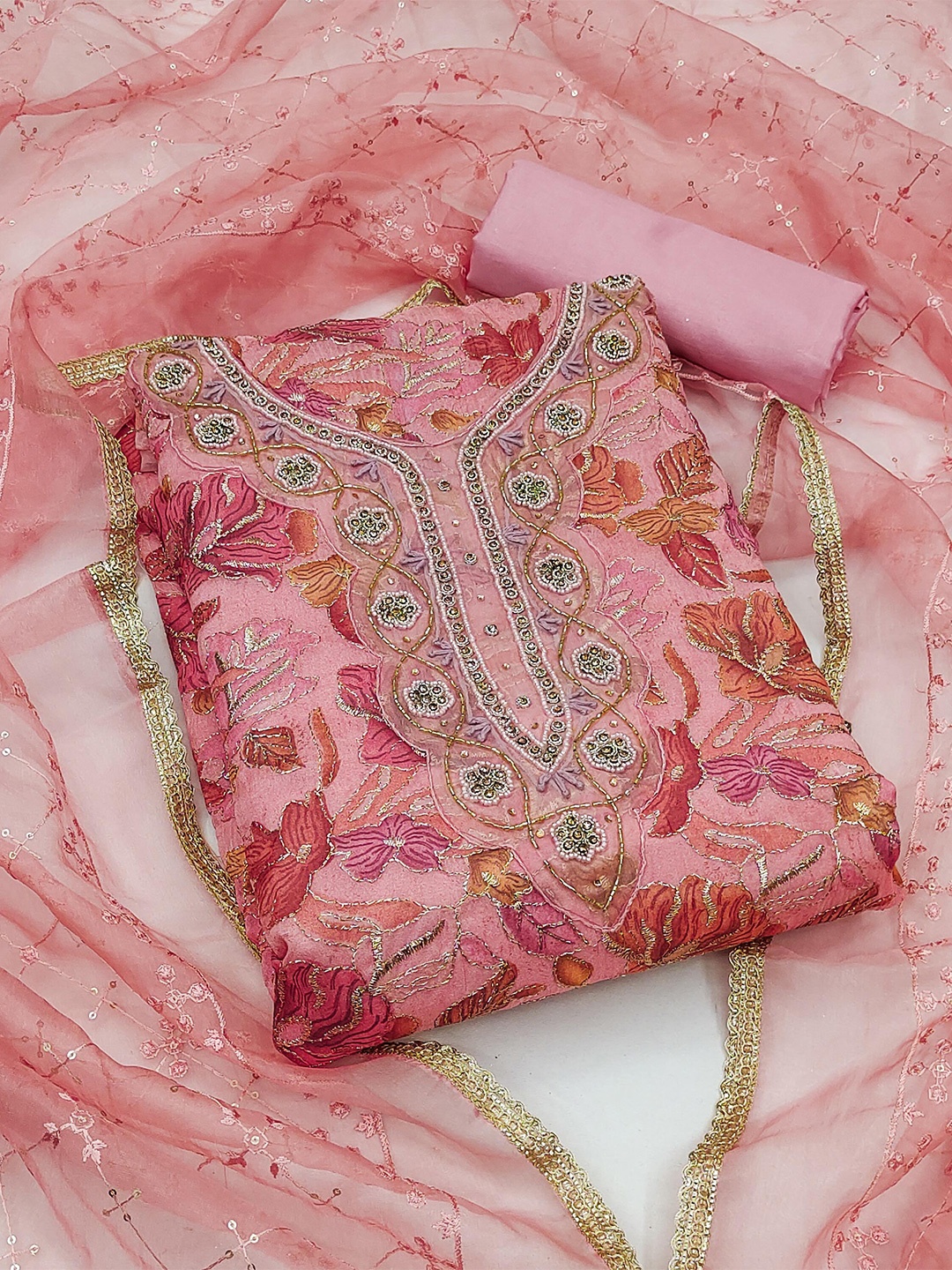 

MANVAA Floral Printed Beads & Stones Unstitched Dress Material, Peach