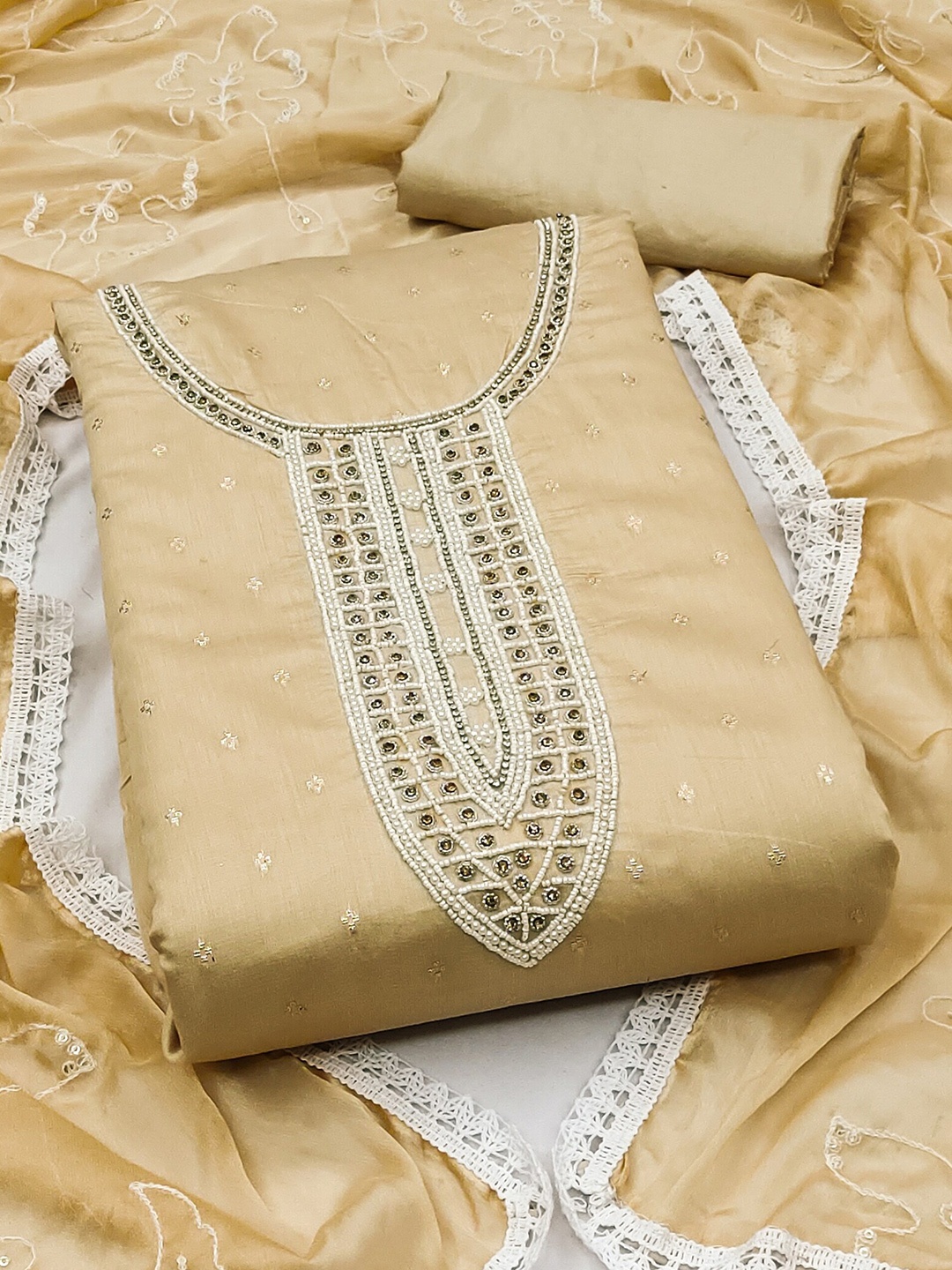 

MANVAA Embellished Unstitched Dress Material, Beige