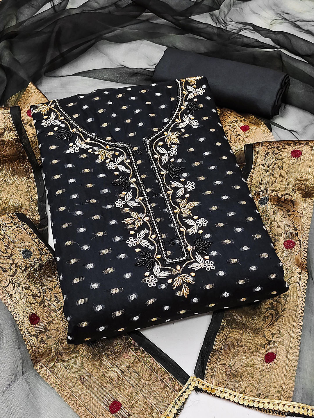 

MANVAA Floral Embroidered Beads & Stones Unstitched Dress Material, Black