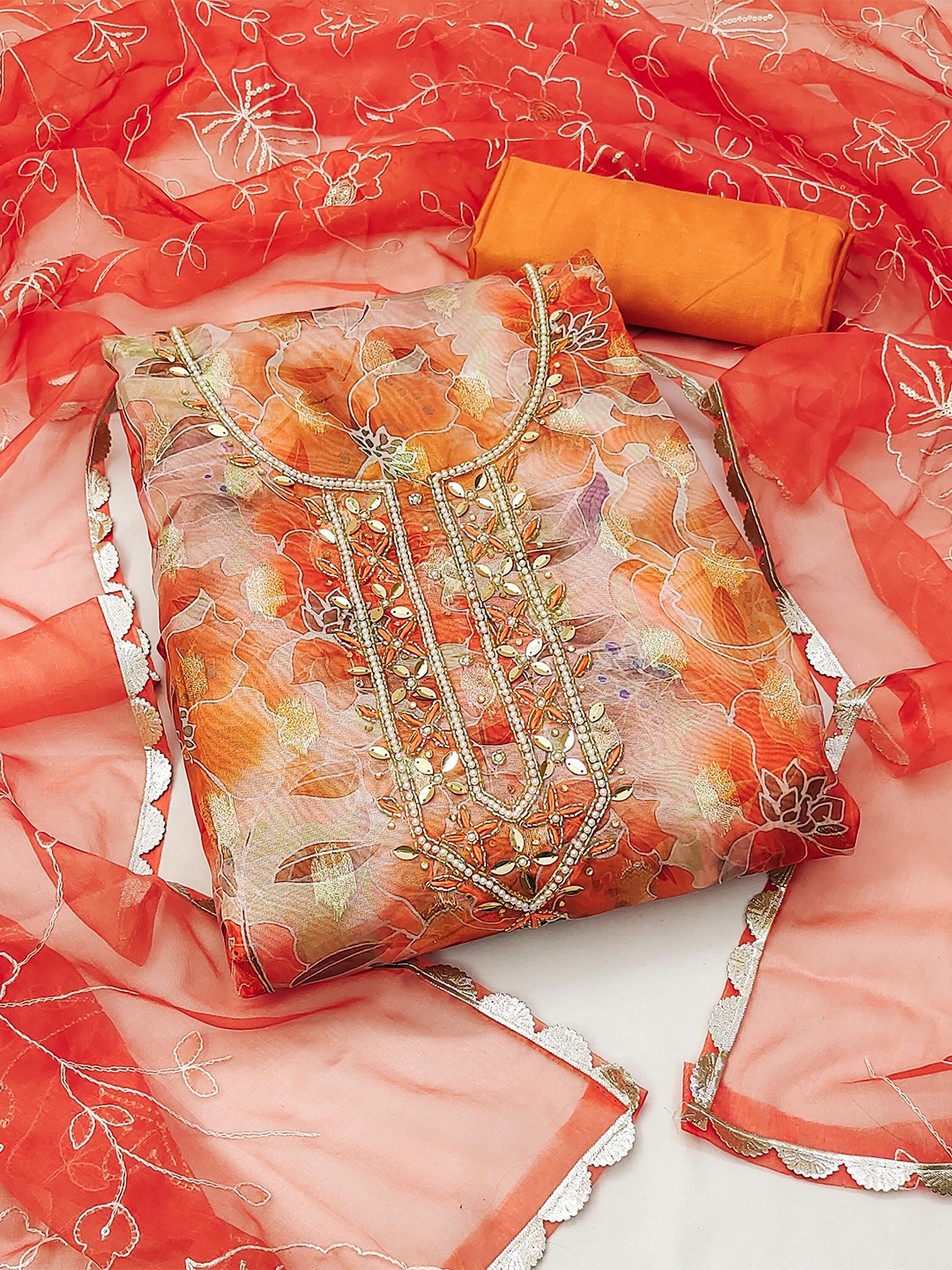 

MANVAA Floral Printed Beads and Stones Unstitched Dress Material, Orange