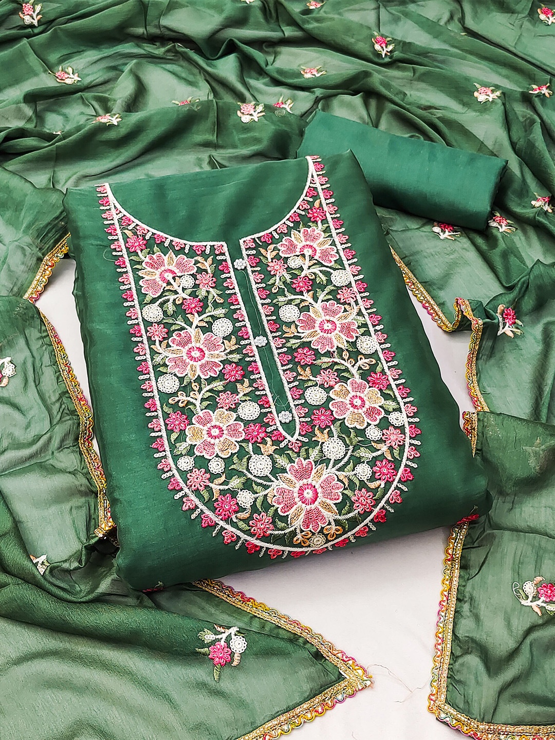 

MANVAA Floral Embroidered Zari Unstitched Dress Material, Green