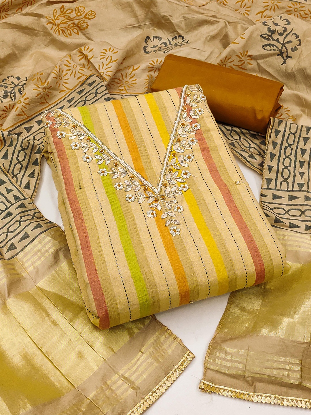 

MANVAA Ethnic Motifs Printed Beads and Stones Unstitched Dress Material, Yellow