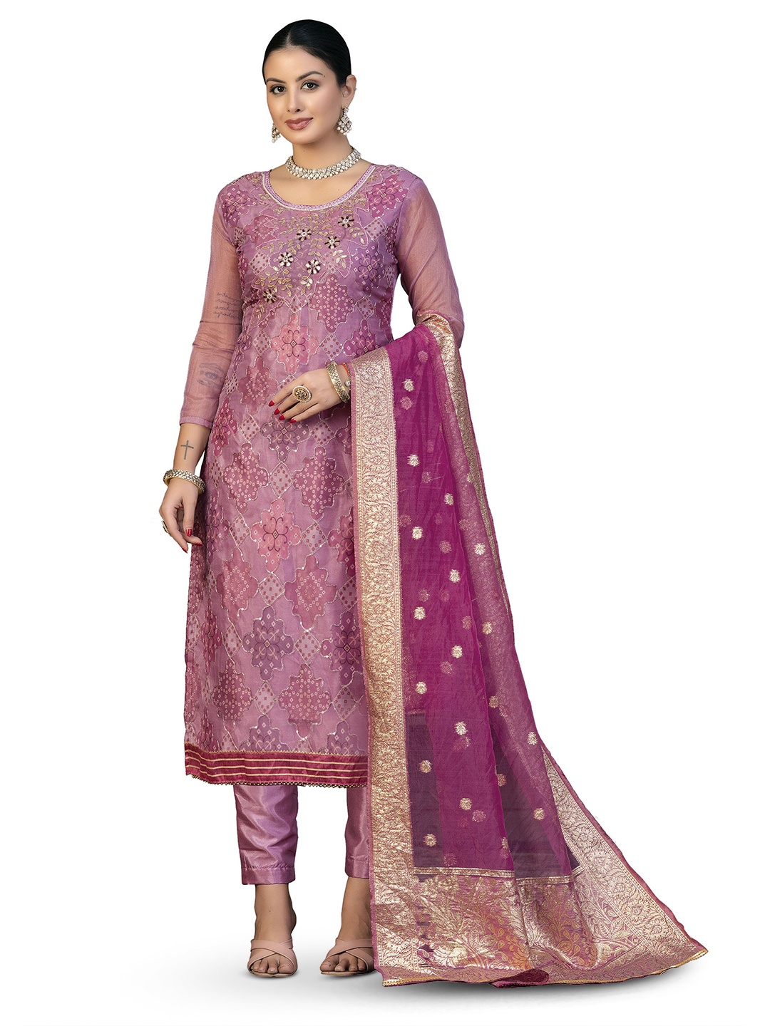 

MANVAA Embellished Organza Unstitched Dress Material, Purple