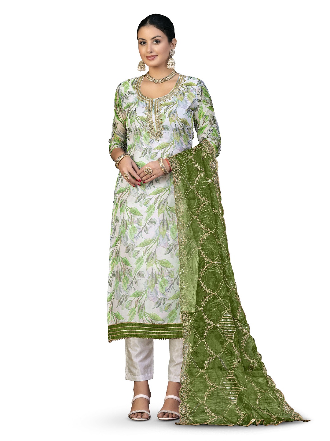 

MANVAA Floral Printed Organza Unstitched Dress Material, White