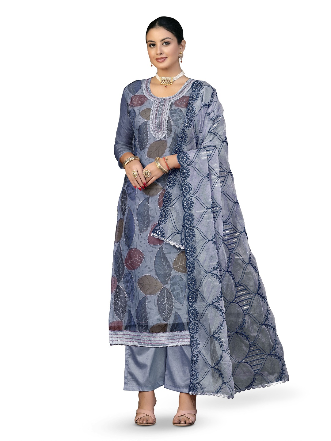 

MANVAA Floral Embellished Sequinned Organza Unstitched Dress Material, Grey