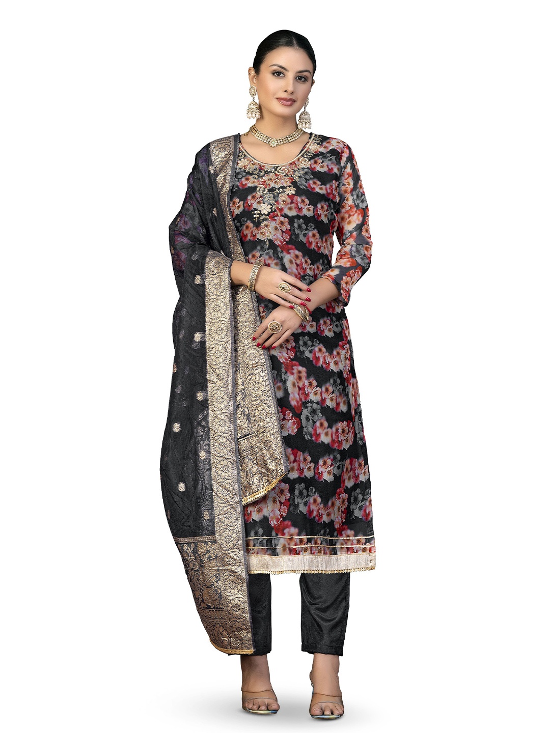 

MANVAA Floral Embellished Zari Organza Unstitched Dress Material, Black