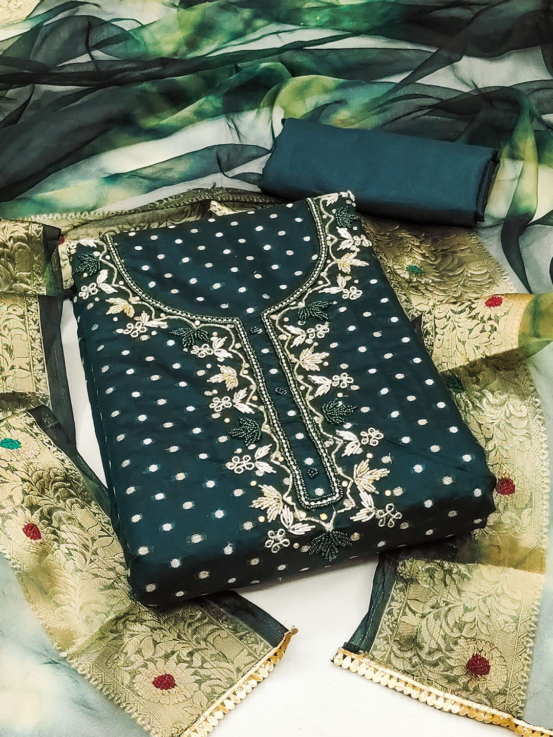 

MANVAA Ethnic Motifs Embroidered Beads and Stones Unstitched Dress Material, Green
