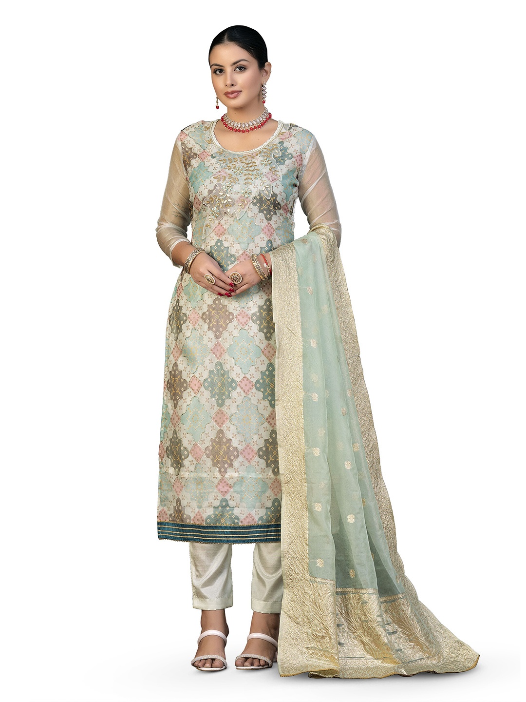 

MANVAA Geometric Embellished Sequinned Organza Unstitched Dress Material, White