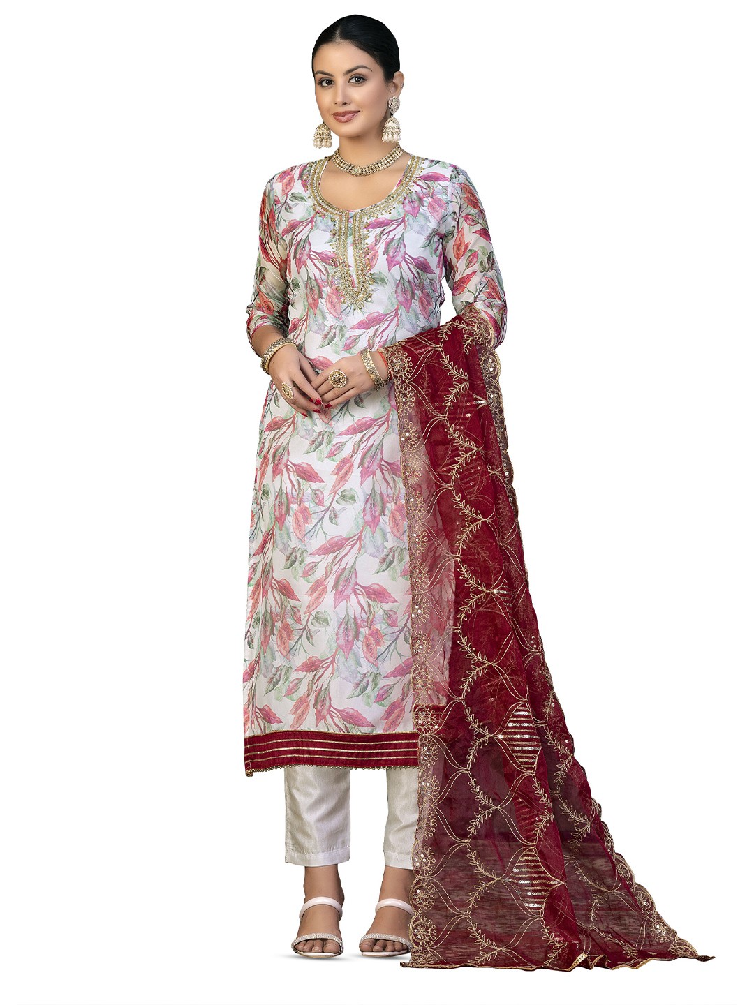 

MANVAA Floral Printed Beads and Stones Organza Unstitched Dress Material, White