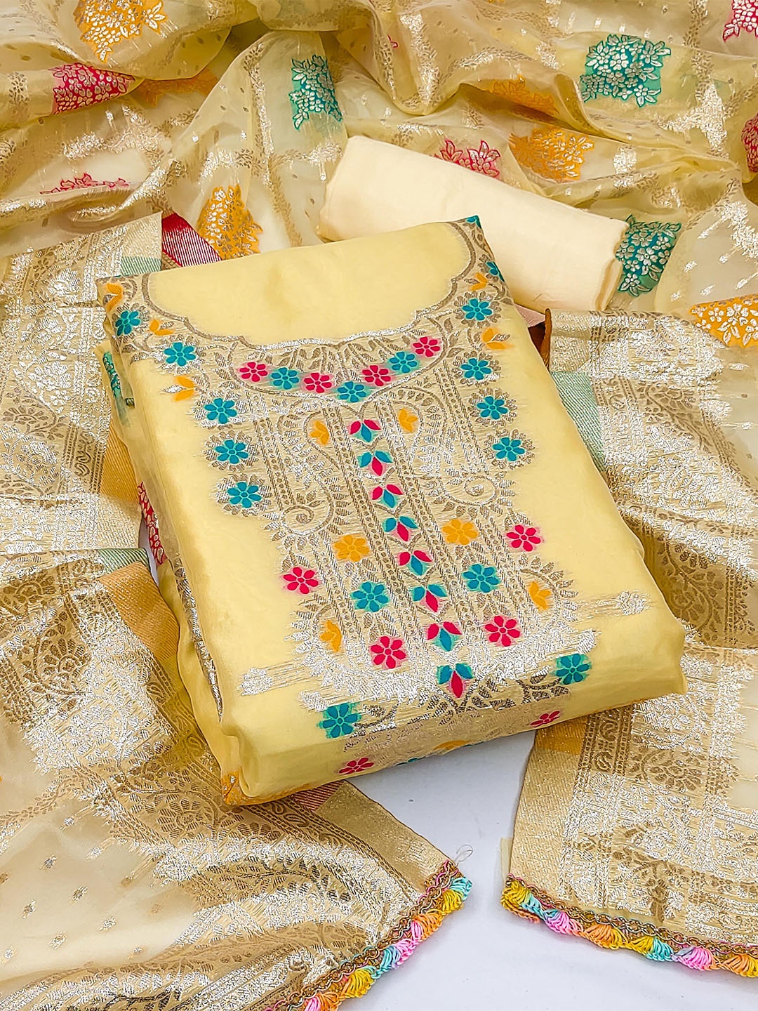 

MANVAA Floral Woven Design Organza Unstitched Dress Material, Yellow