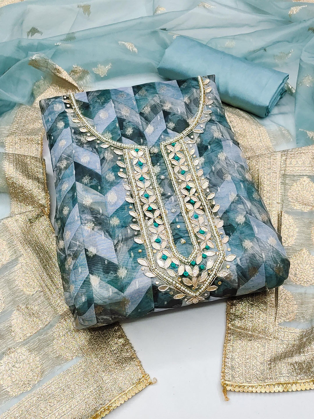 

MANVAA Floral Embellished Organza Unstitched Dress Material, Blue