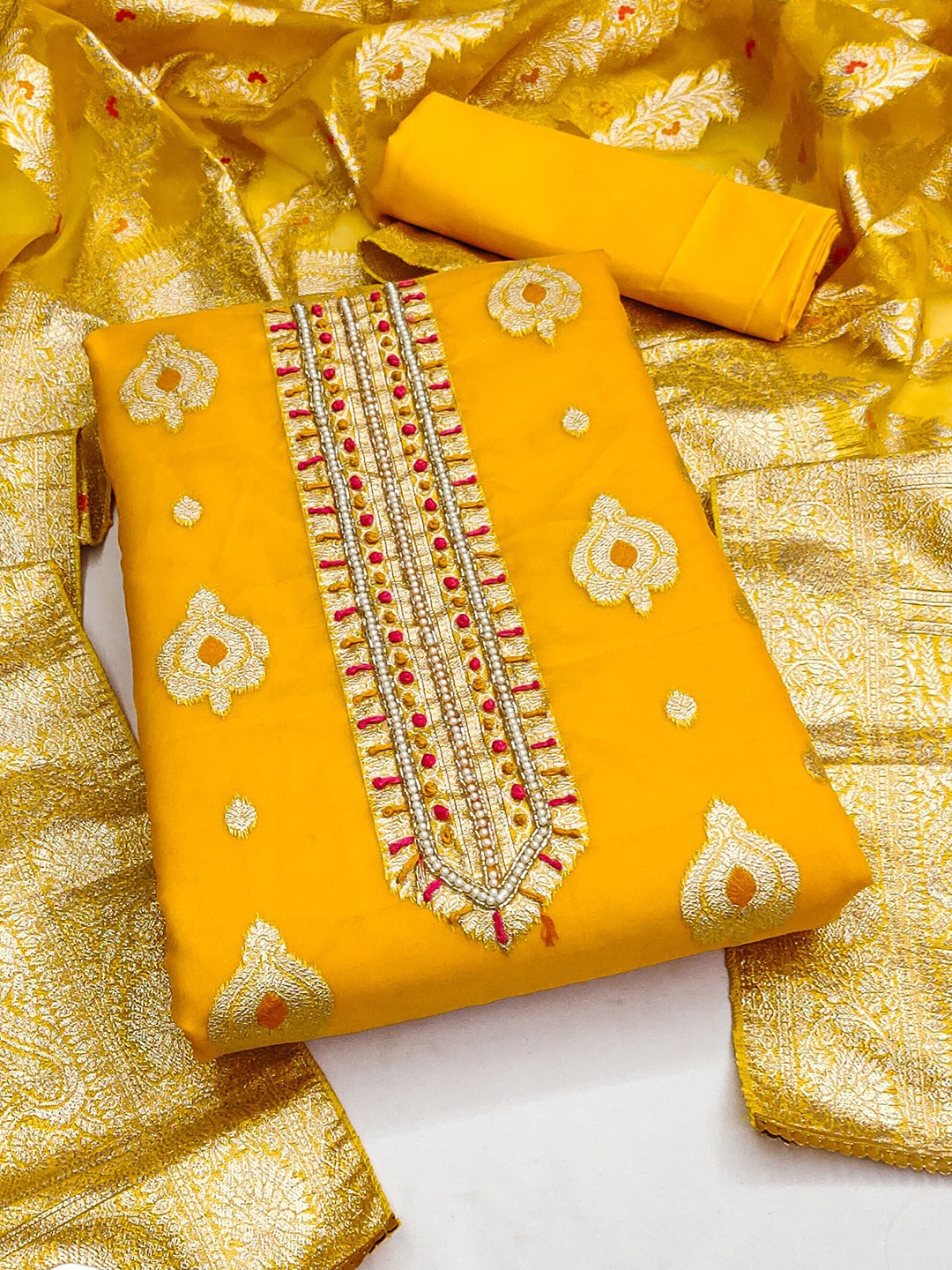 

MANVAA Ethnic Motifs Woven Design Beads & Stones Organza Unstitched Dress Material, Yellow