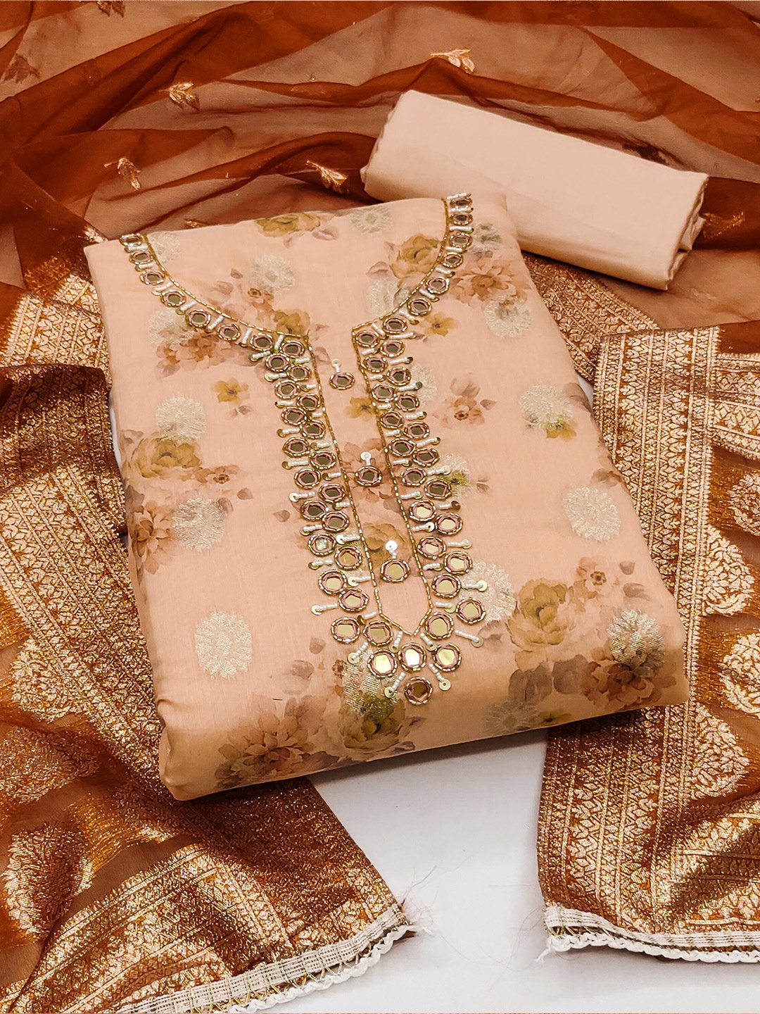 

MANVAA Embellished Unstitched Dress Material, Peach