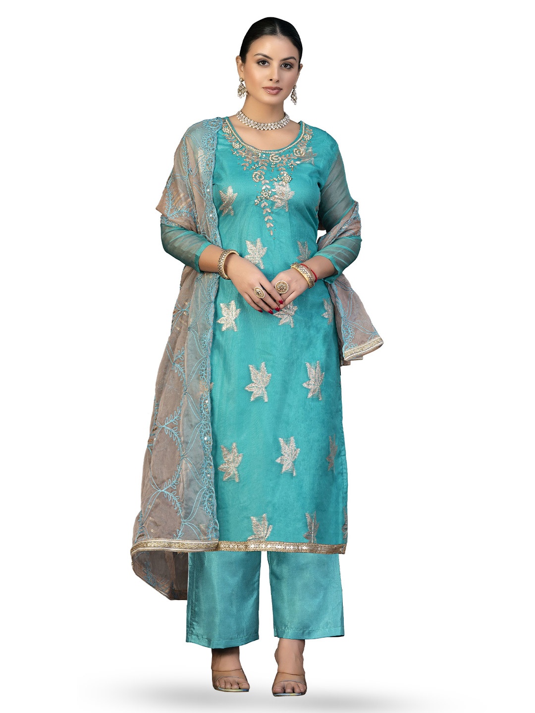 

MANVAA Floral Embellished Zari Organza Unstitched Dress Material, Blue