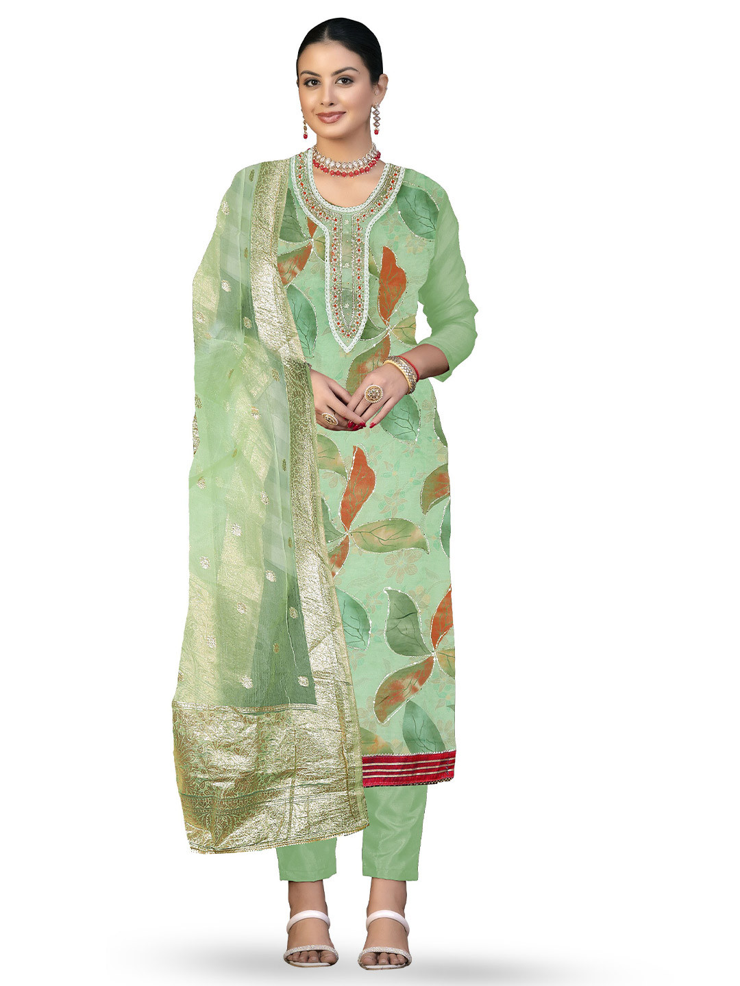 

MANVAA Floral Printed Organza Unstitched Dress Material, Green