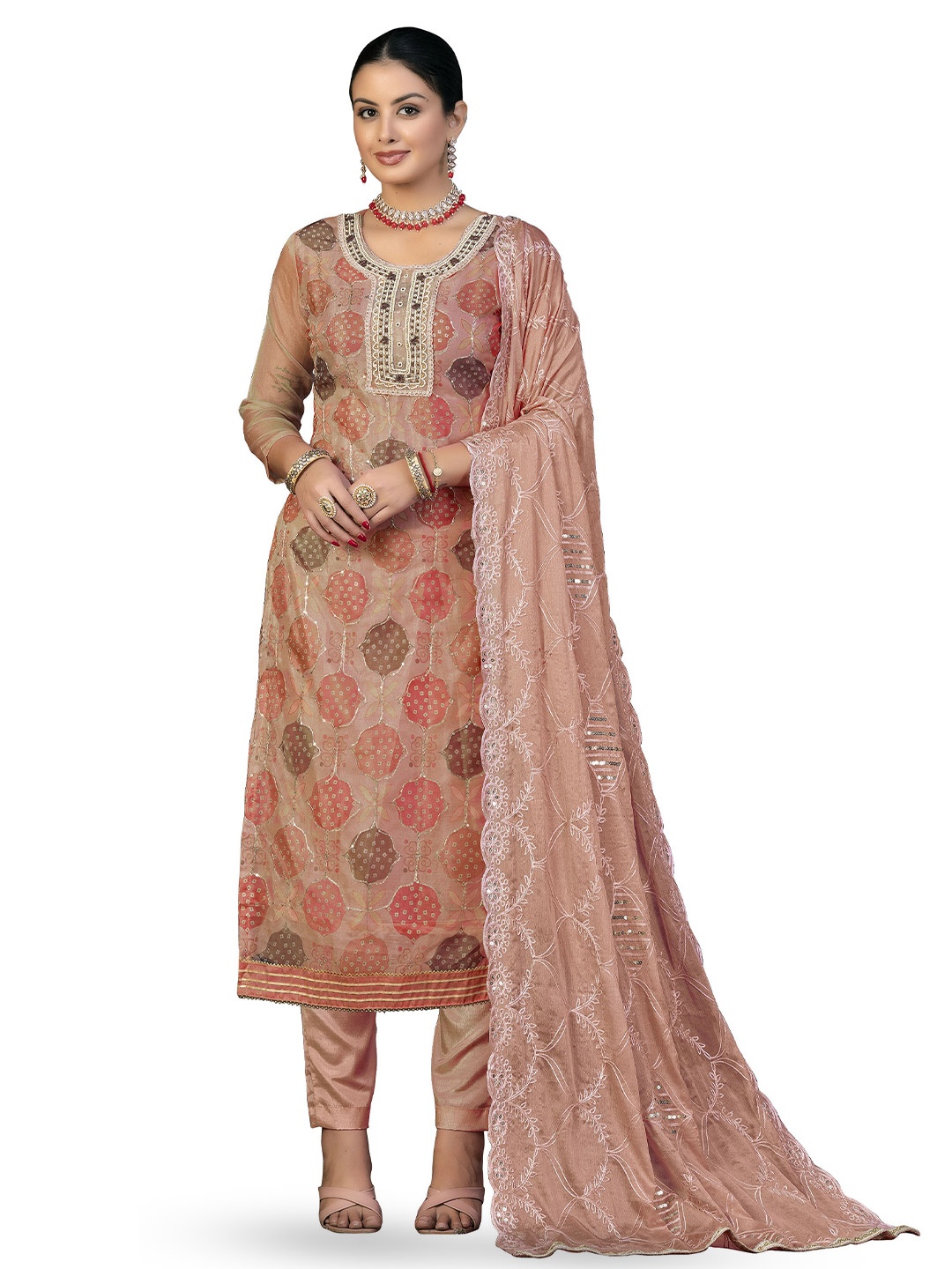 

MANVAA Ethnic Motifs Embellished Sequinned Unstitched Dress Material, Rust