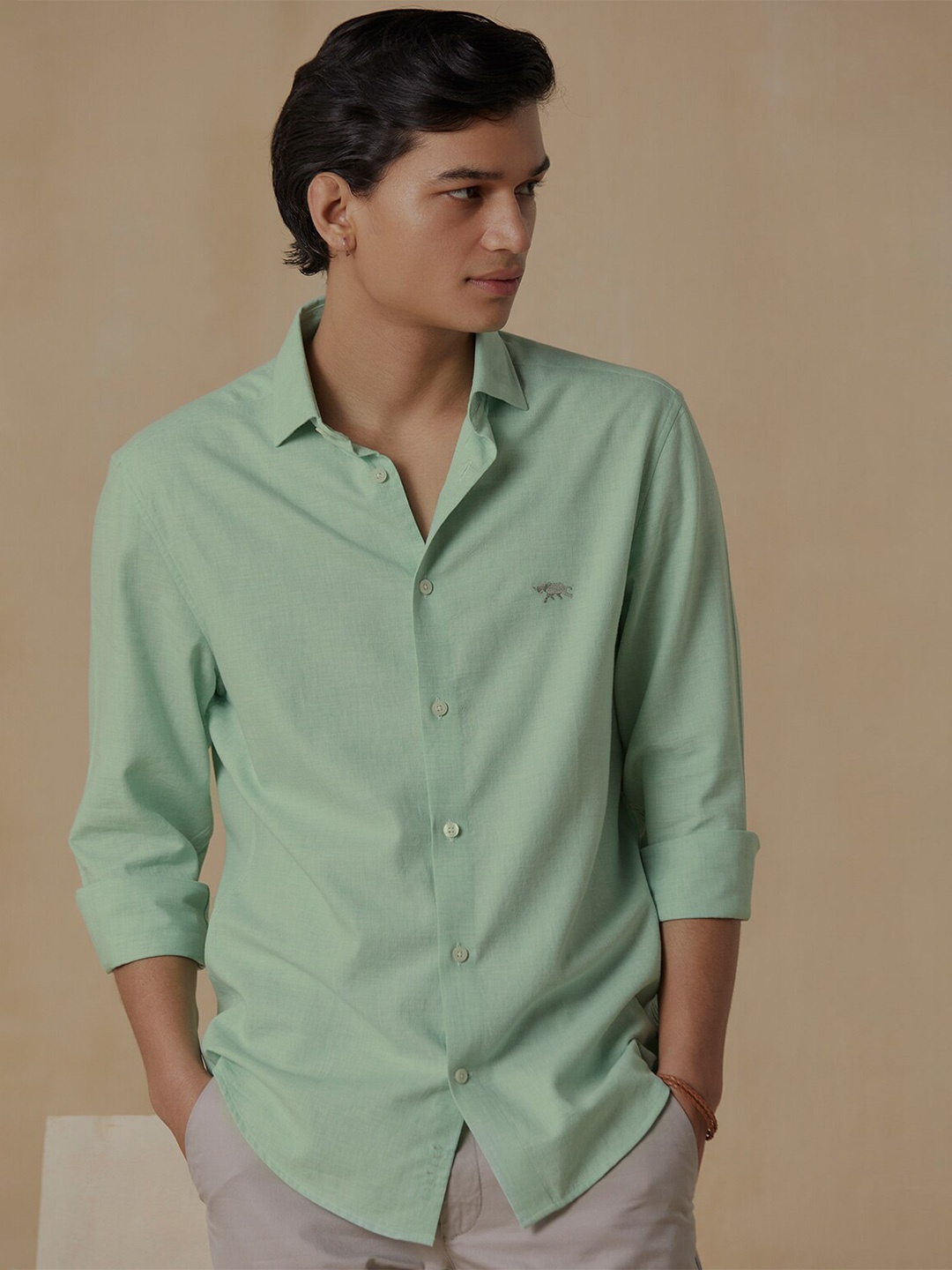 

Andamen Premium Melange Slim Fit Long Sleeves Cotton Shirt, Green