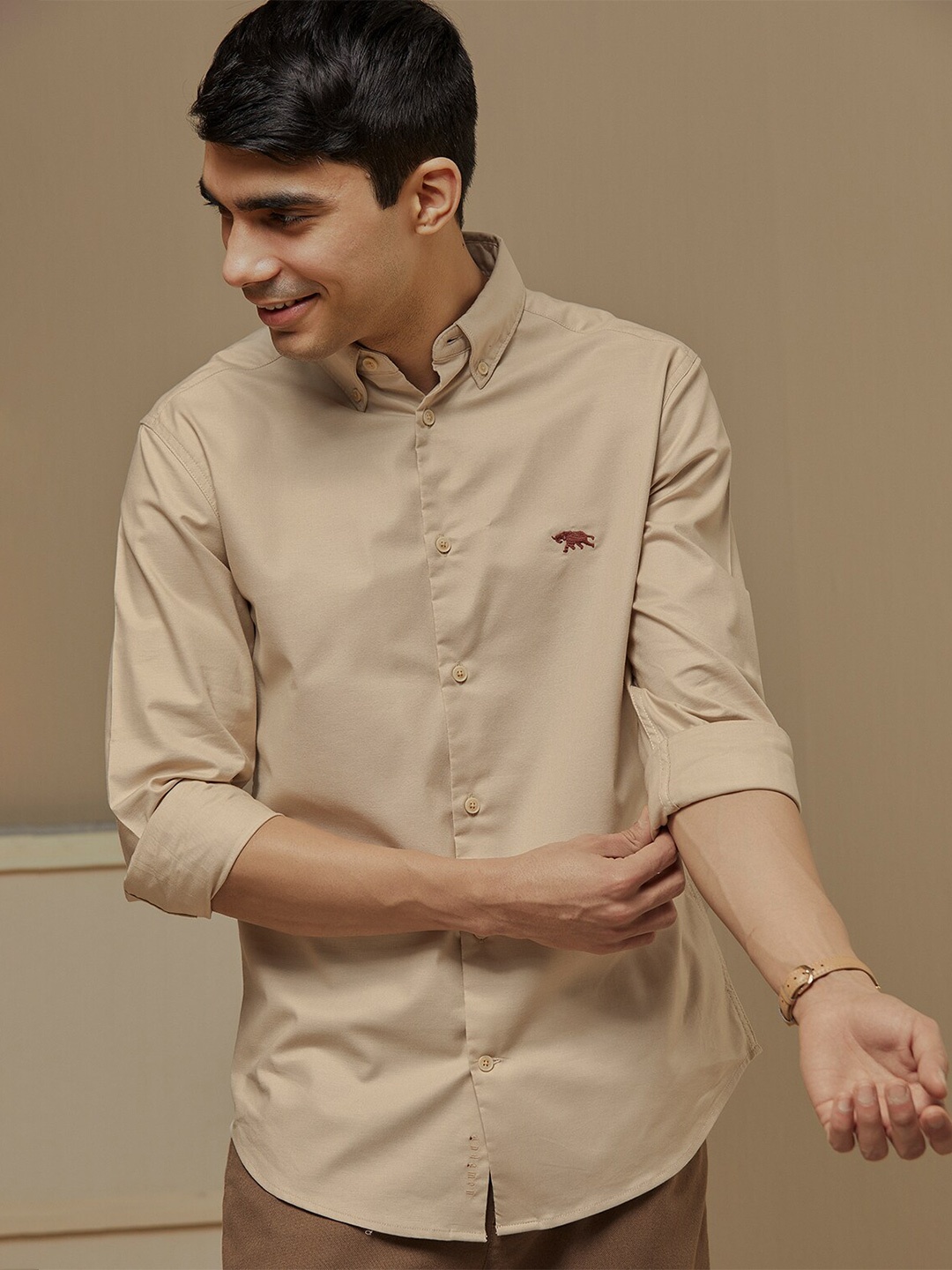 

Andamen Full Sleeve Button-Down Collar Oxford Cotton Slim Fit Casual Shirt, Beige