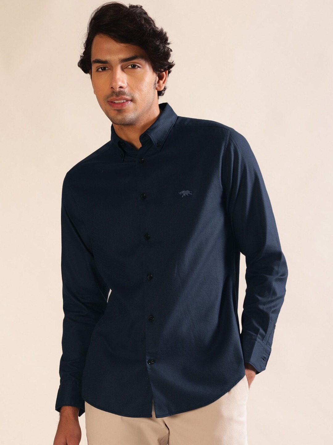 

Andamen Premium Men Dobby Half Sleeve Patch Pocket Shirt, Navy blue