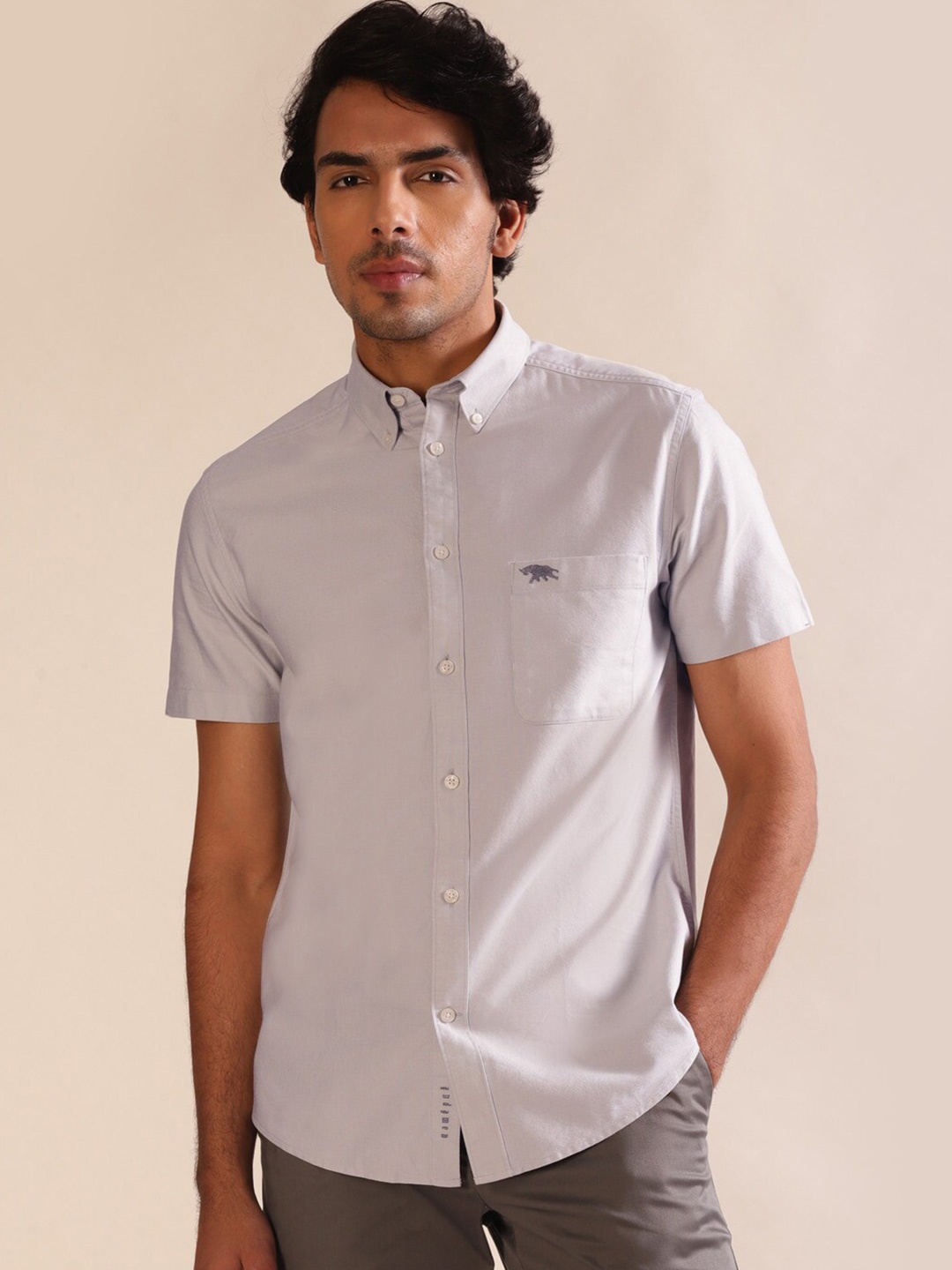 

Andamen Grey Short Sleeve Patch Pocket Premium Slim Fit Shirt
