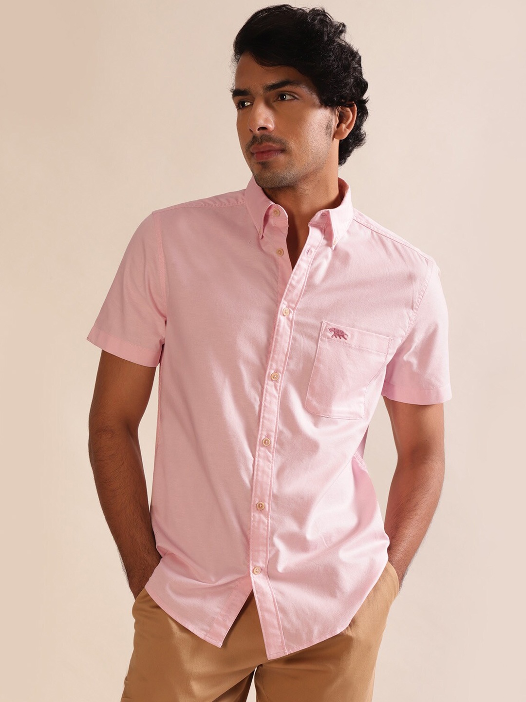 

Andamen Premium Men Oxford Short Sleeve Slim Fit Shirt, Pink