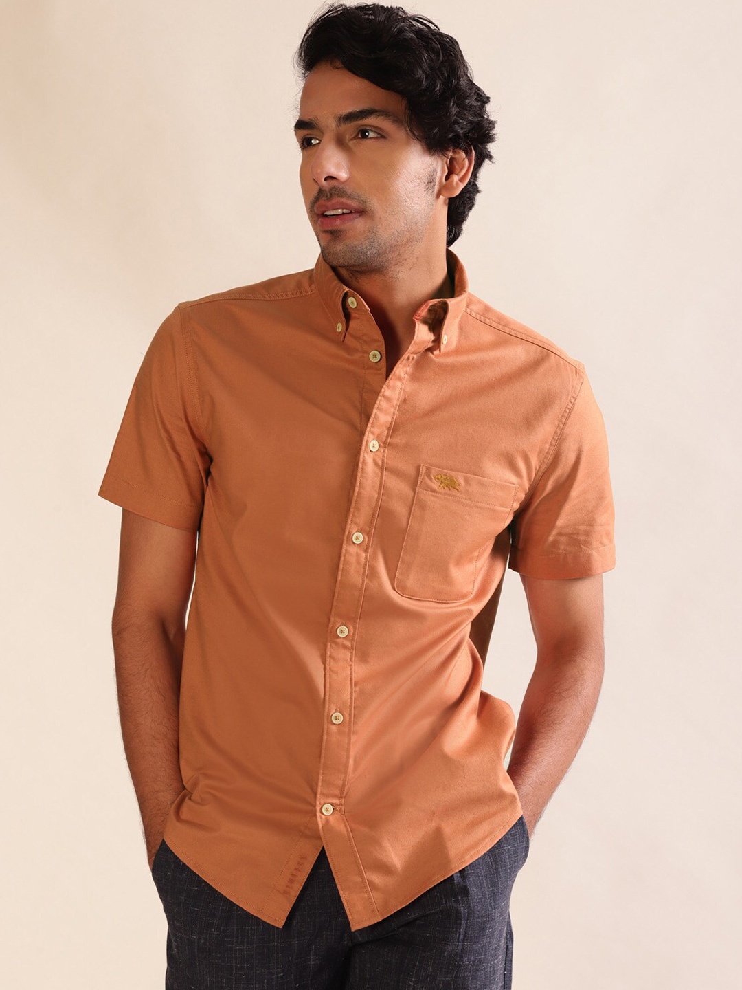 

Andamen Premium Men Solid Oxford Patch Pocket Opaque Casual Shirt, Rust