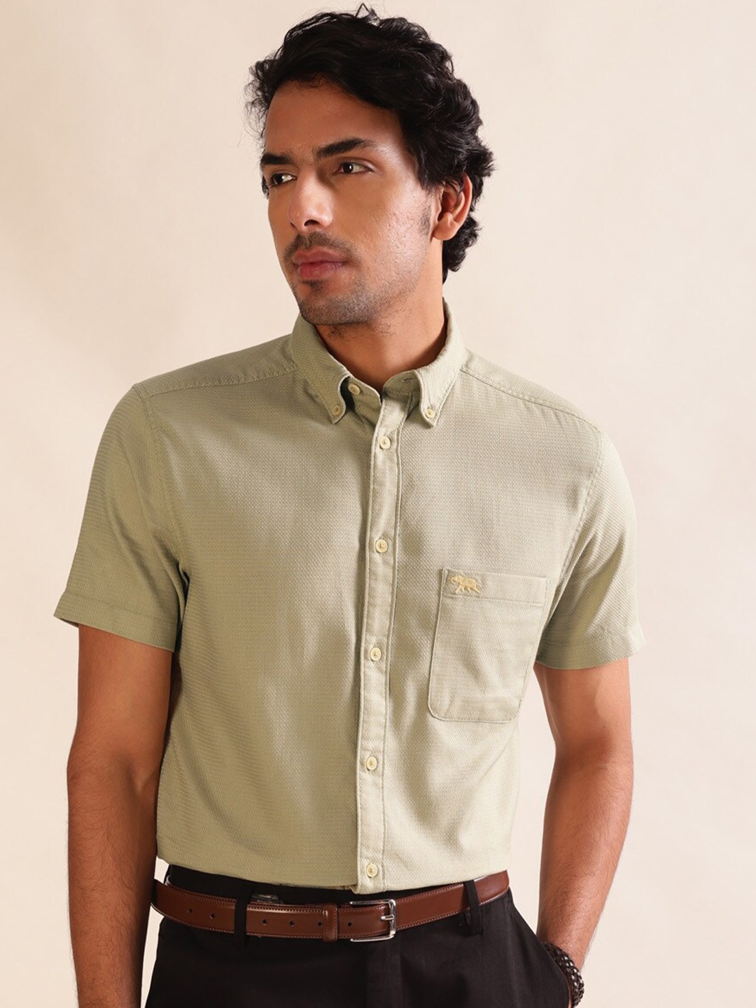 

Andamen Premium Men Solid Dobby Patch Pocket Opaque Casual Shirt, Green