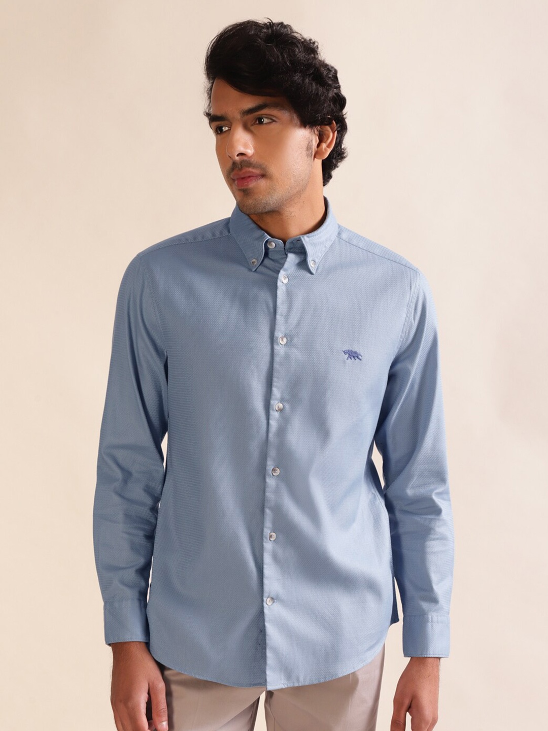 

Andamen Premium Dobby Slim Fit Button-Down Collar Cotton Casual Shirt, Blue