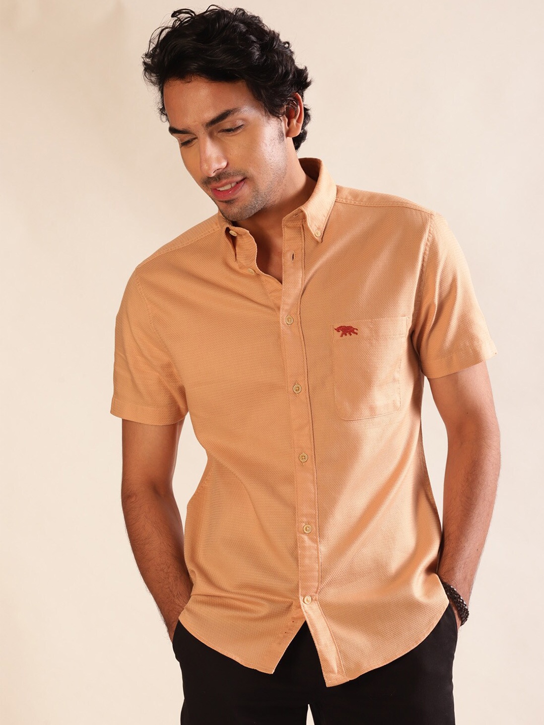

Andamen Premium Men Dobby Half Sleeve Slim Fit Shirt, Beige