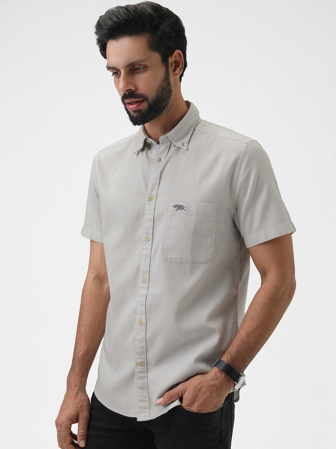 

Andamen Premium Men Dobby Short Sleeve Button Down Shirt, Off white