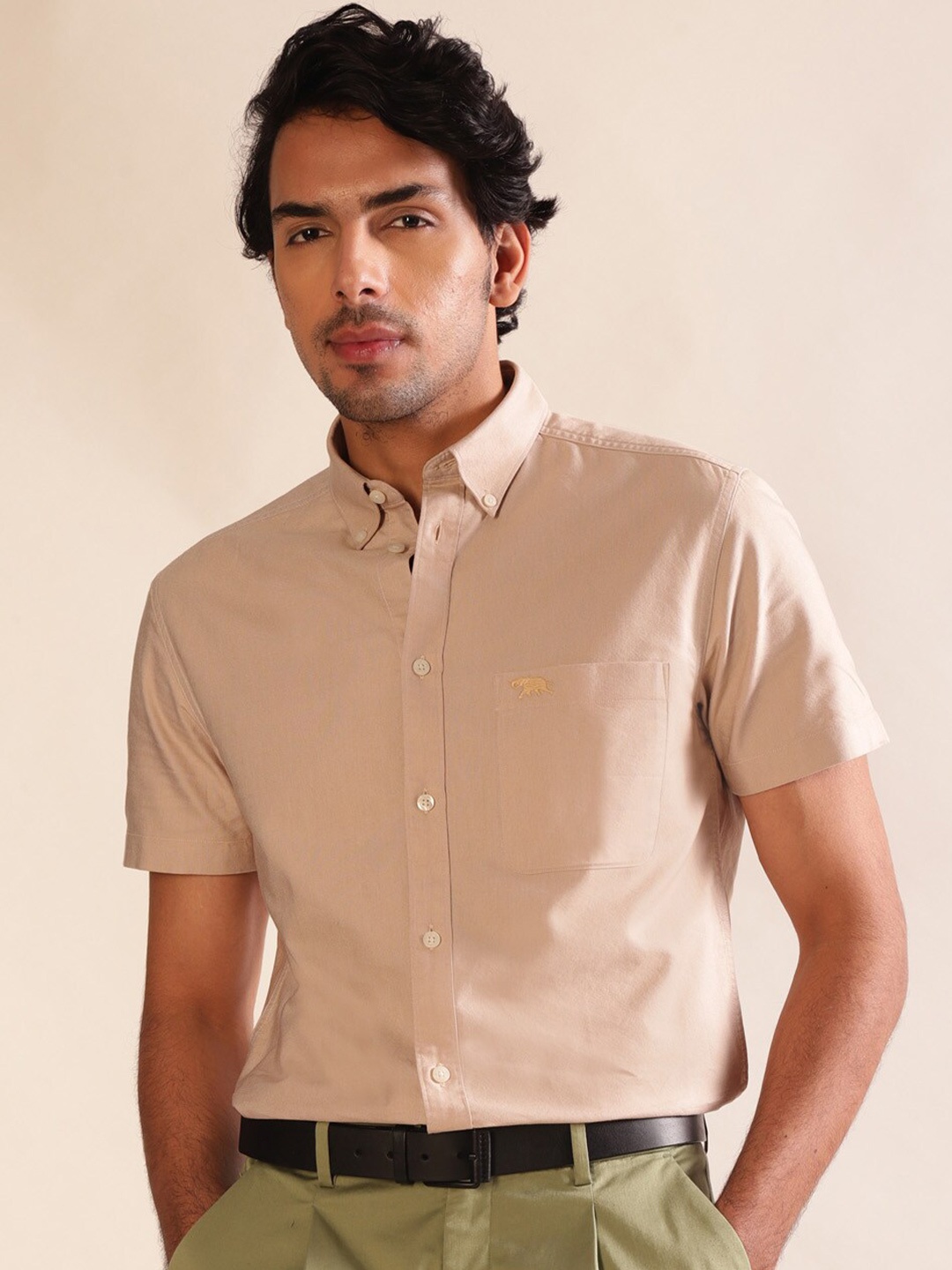 

Andamen Premium Button-Down Collar Short Sleeves Cotton Casual Shirt, Beige