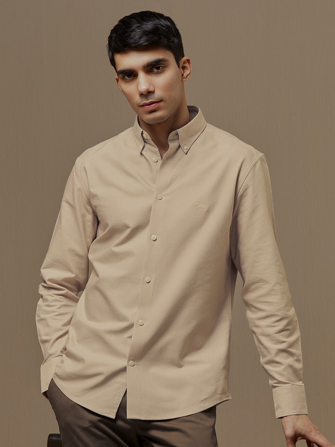 

Andamen Premium Men Solid Button Down Opaque Casual Shirt, Beige