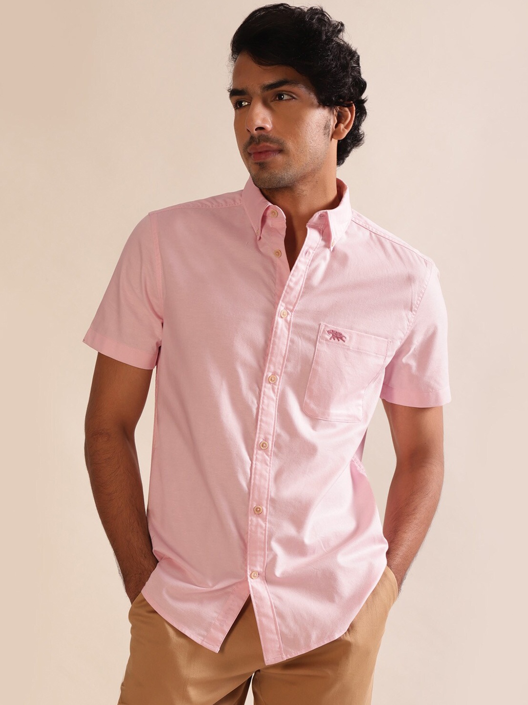 

Andamen Premium Men Solid Oxford Patch Pocket Opaque Casual Shirt, Pink
