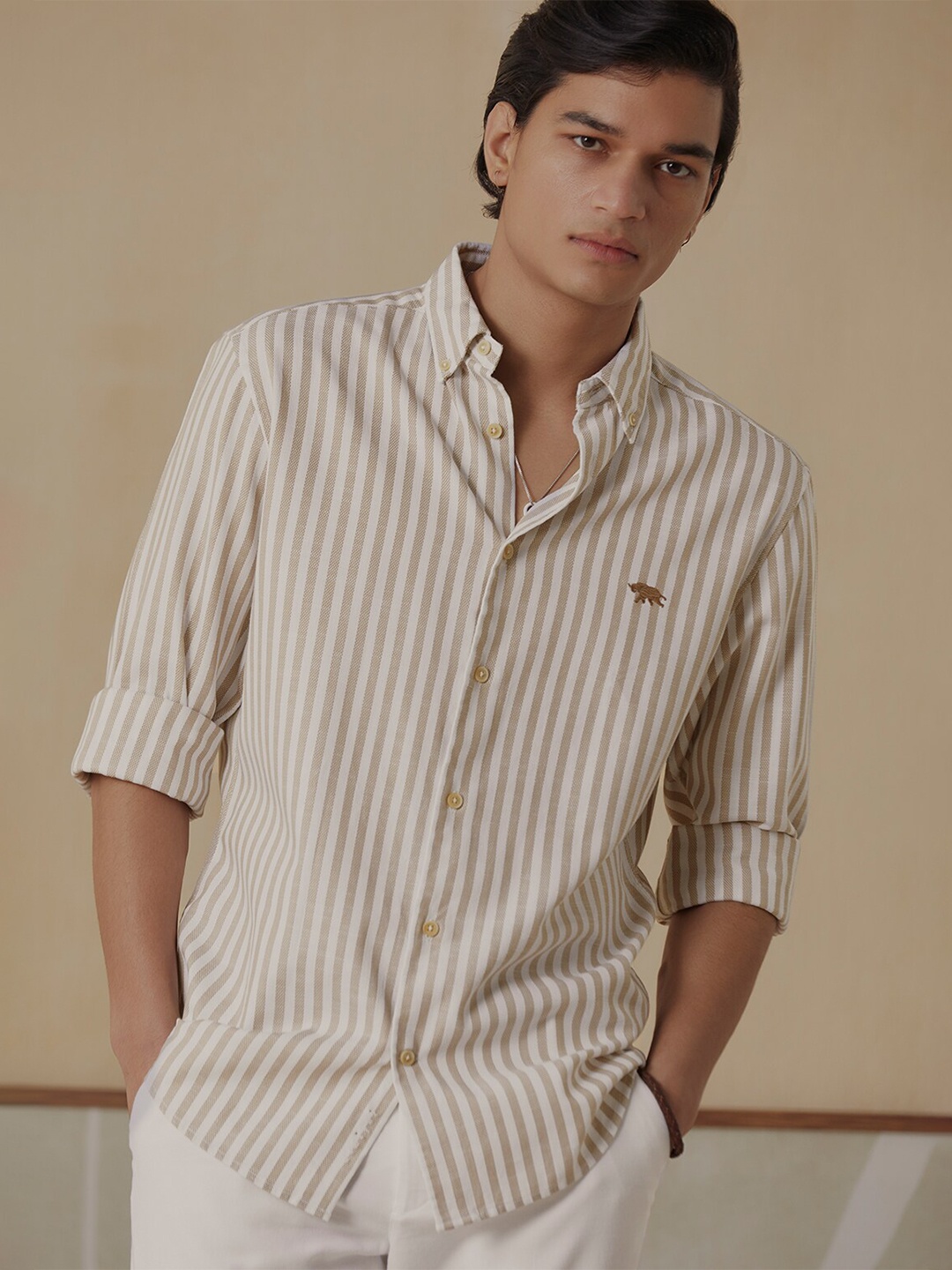 

Andamen Premium Men Dobby Long Sleeve Slim Fit Shirt, Beige