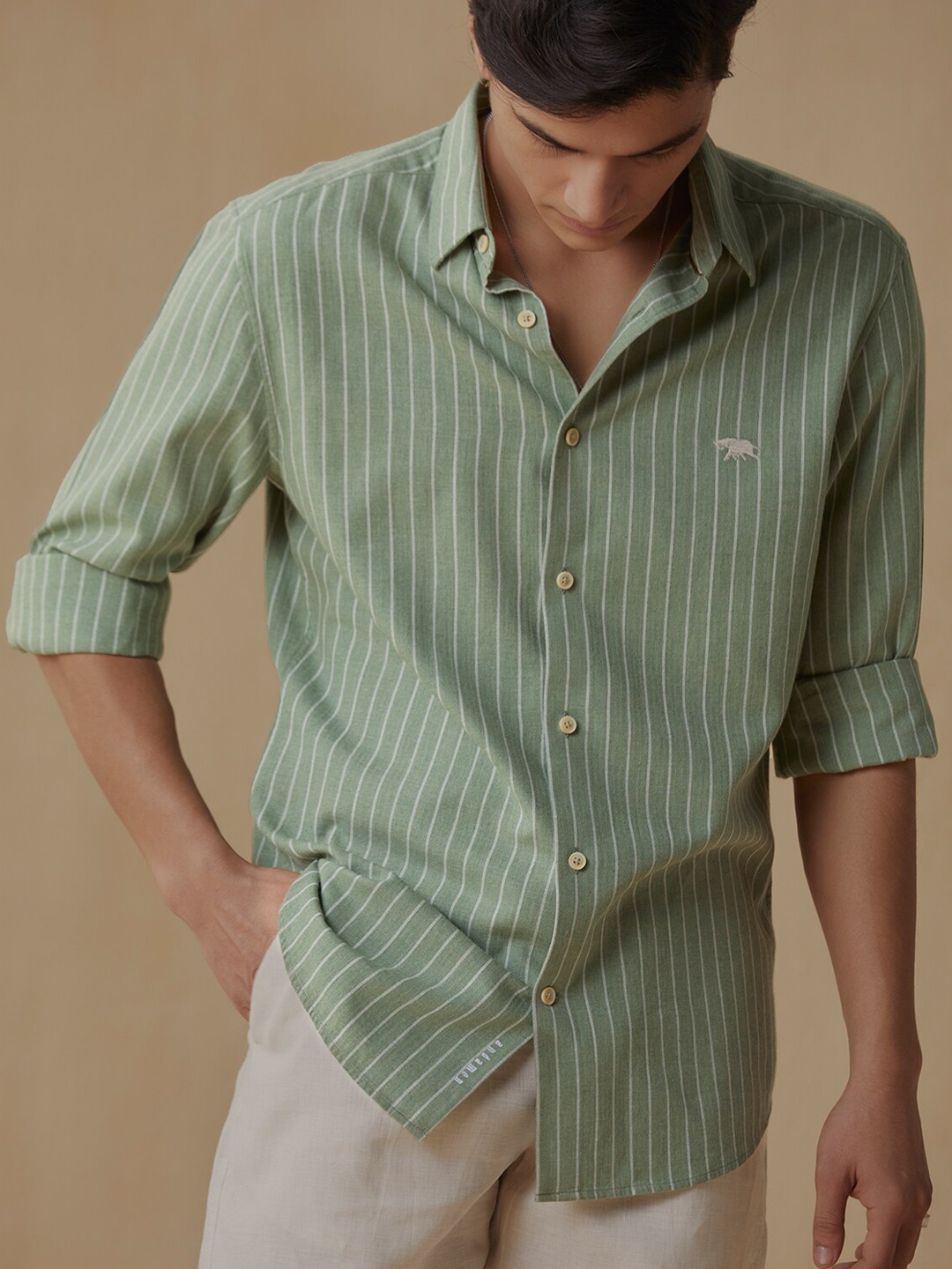 

Andamen Premium Men Slim Fit Vertical Stripes Twill Opaque Casual Shirt, Green