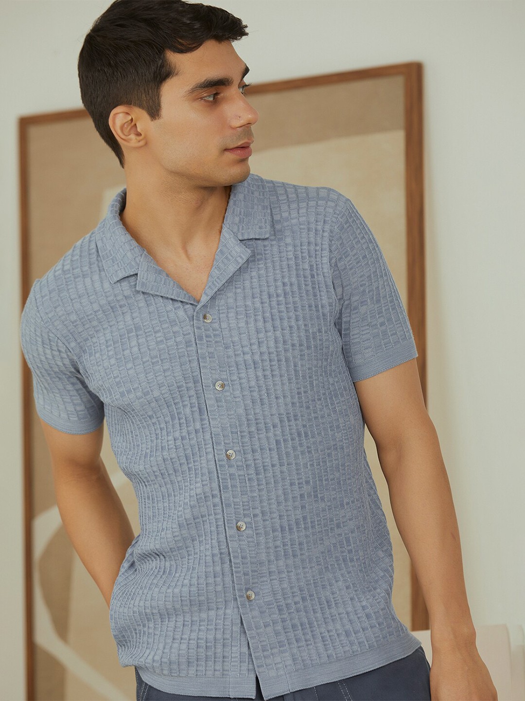 

Andamen Premium Men Cuban Collar Half Sleeve Shirt, Blue