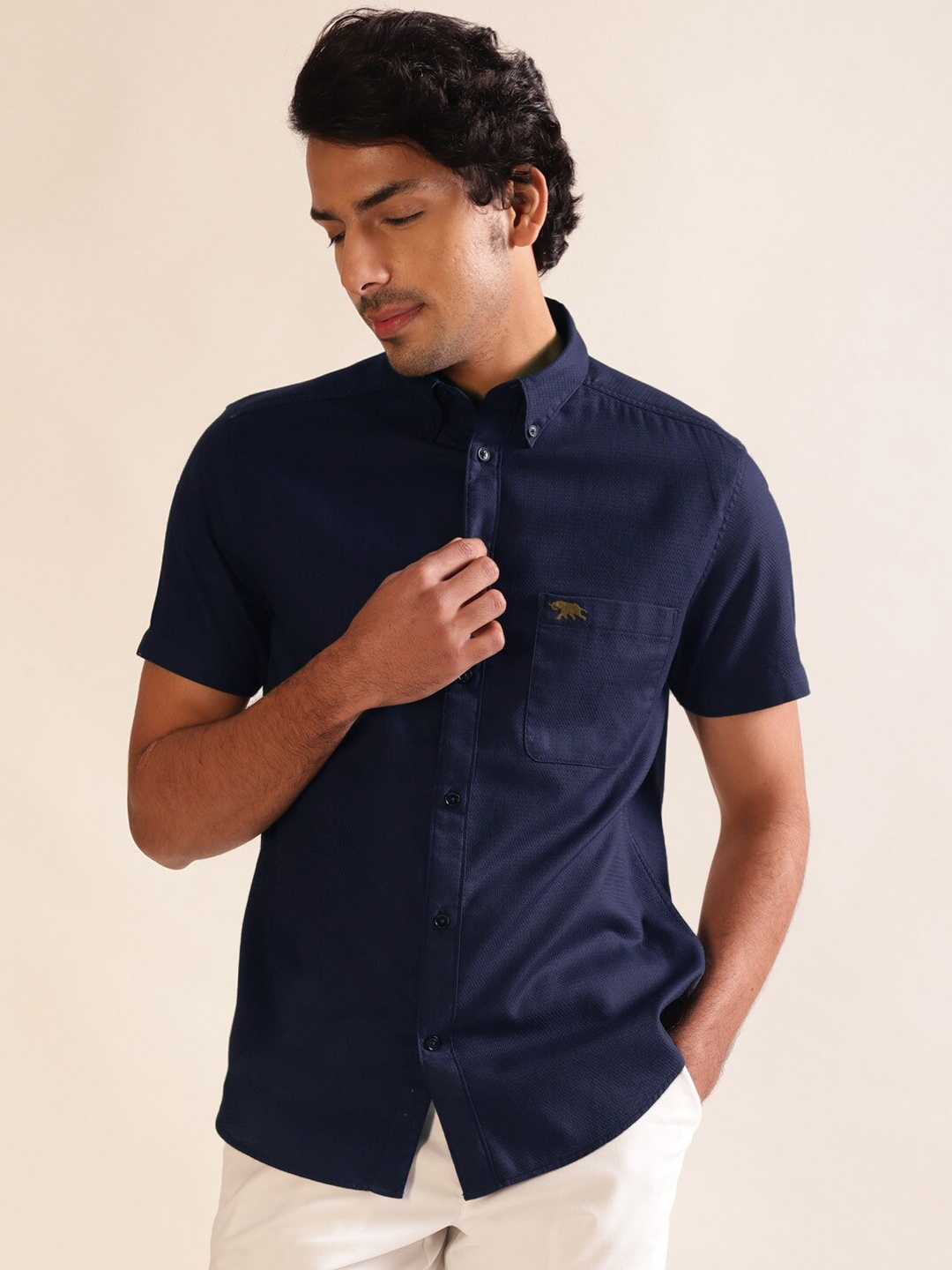 

Andamen Premium Dobby Button-Down Collar Short Sleeves Cotton Casual Shirt, Navy blue