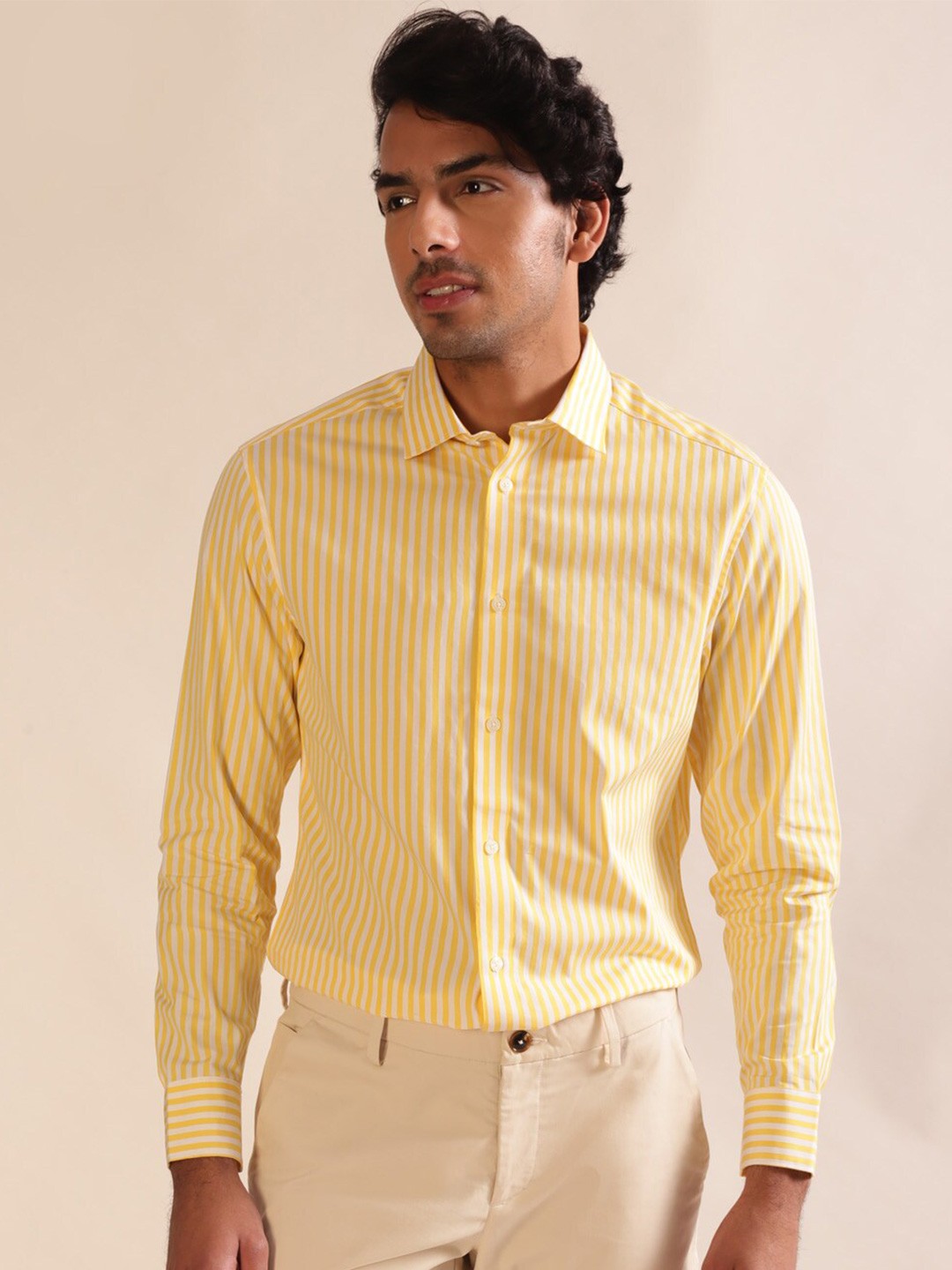 

Andamen Premium Men Slim Fit Vertical Stripes Opaque Casual Shirt, Yellow
