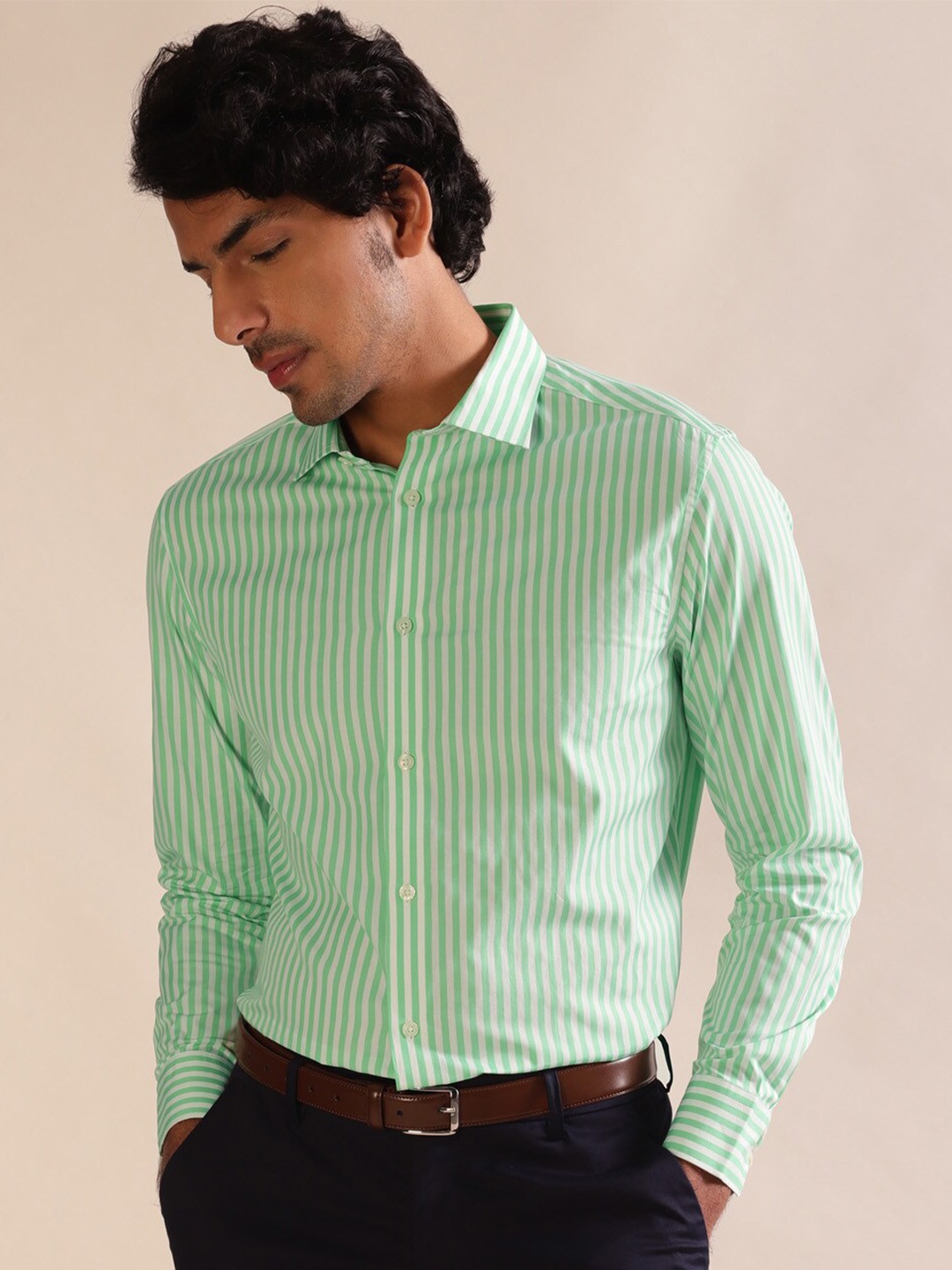 

Andamen Men Premium Striped Full Sleeve Cotton Cutaway Shirt, Green