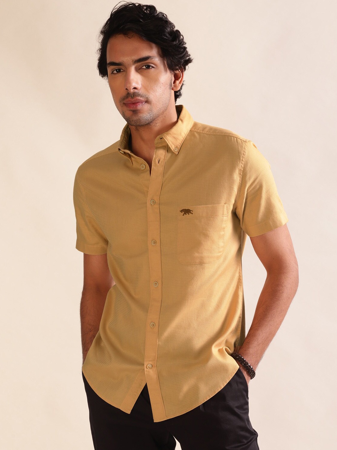 

Andamen Premium Dobby Half Sleeve Slim Fit Shirt, Beige