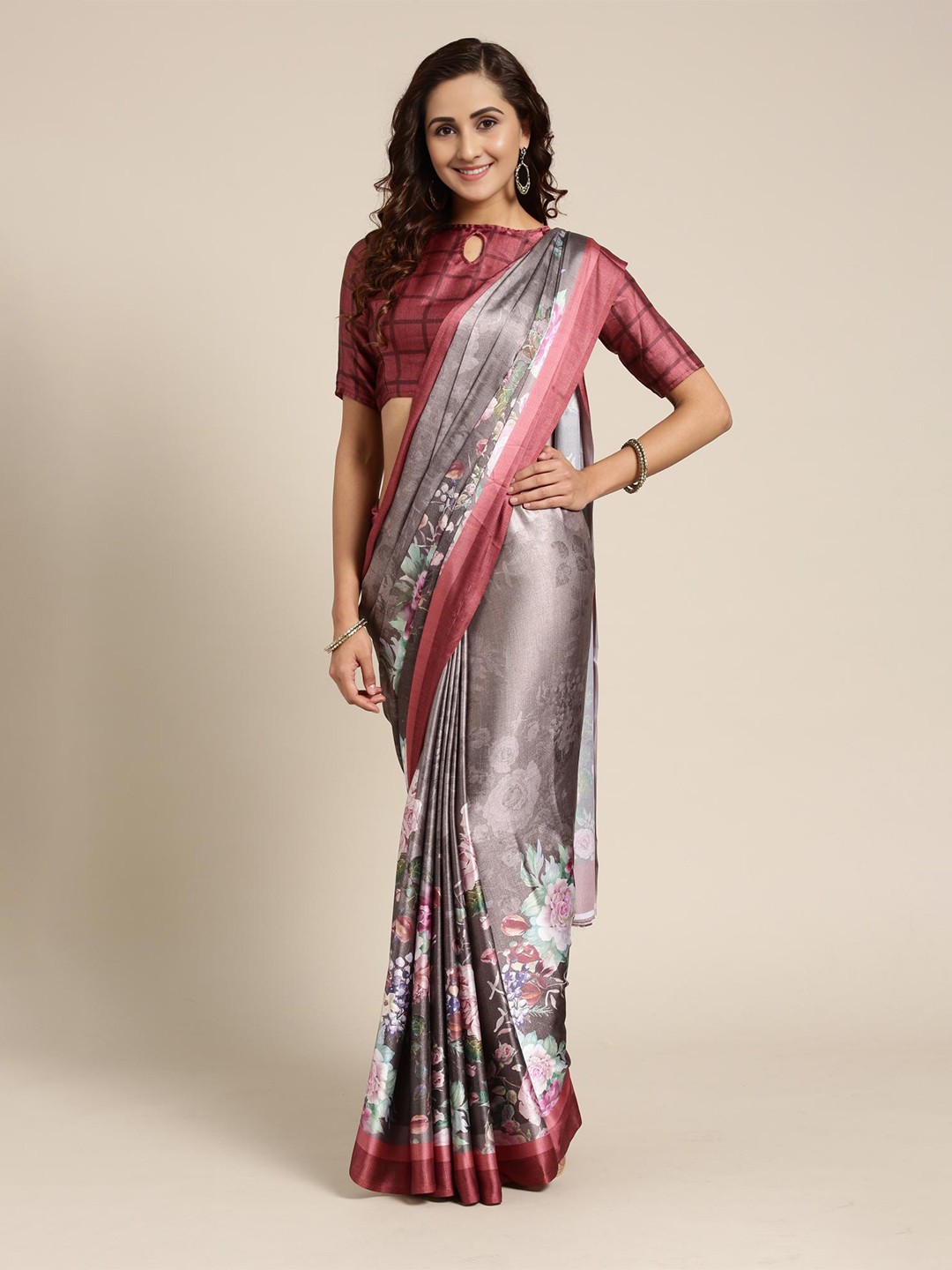 

Fevinaa Floral Printed Satin Silk Saree, Grey