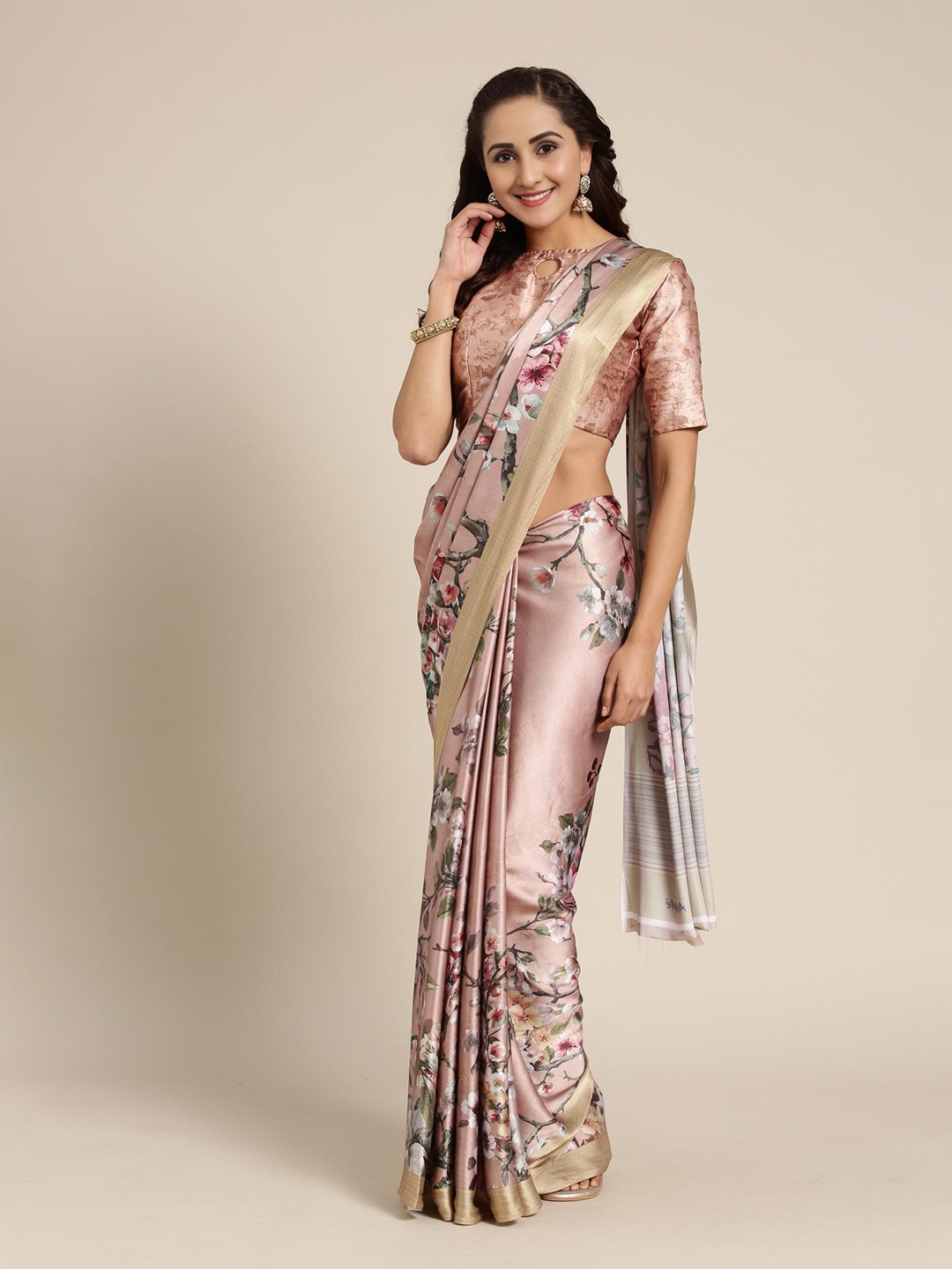 

Fevinaa Floral Printed Satin Silk Saree, Brown