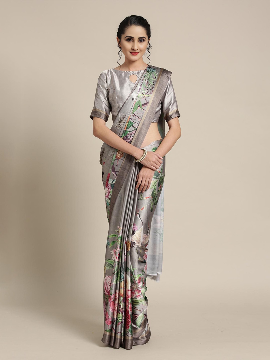 

Fevinaa Floral Printed Satin Silk Saree, Pink