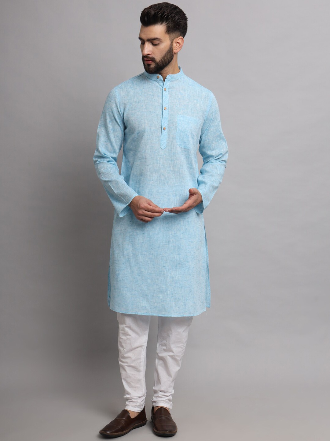 

Latest Chikan Garments Mandarin Collar Long Sleeves Straight Kurta, Turquoise blue