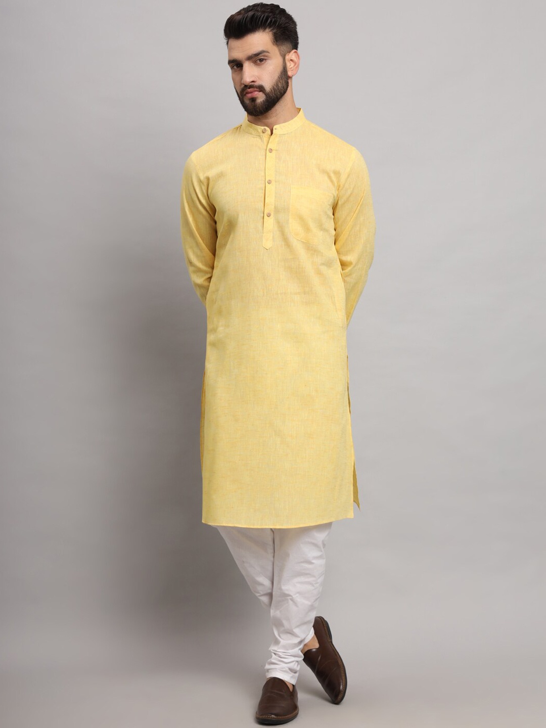 

Latest Chikan Garments Mandarin Collar Long Sleeves Straight Kurta, Yellow