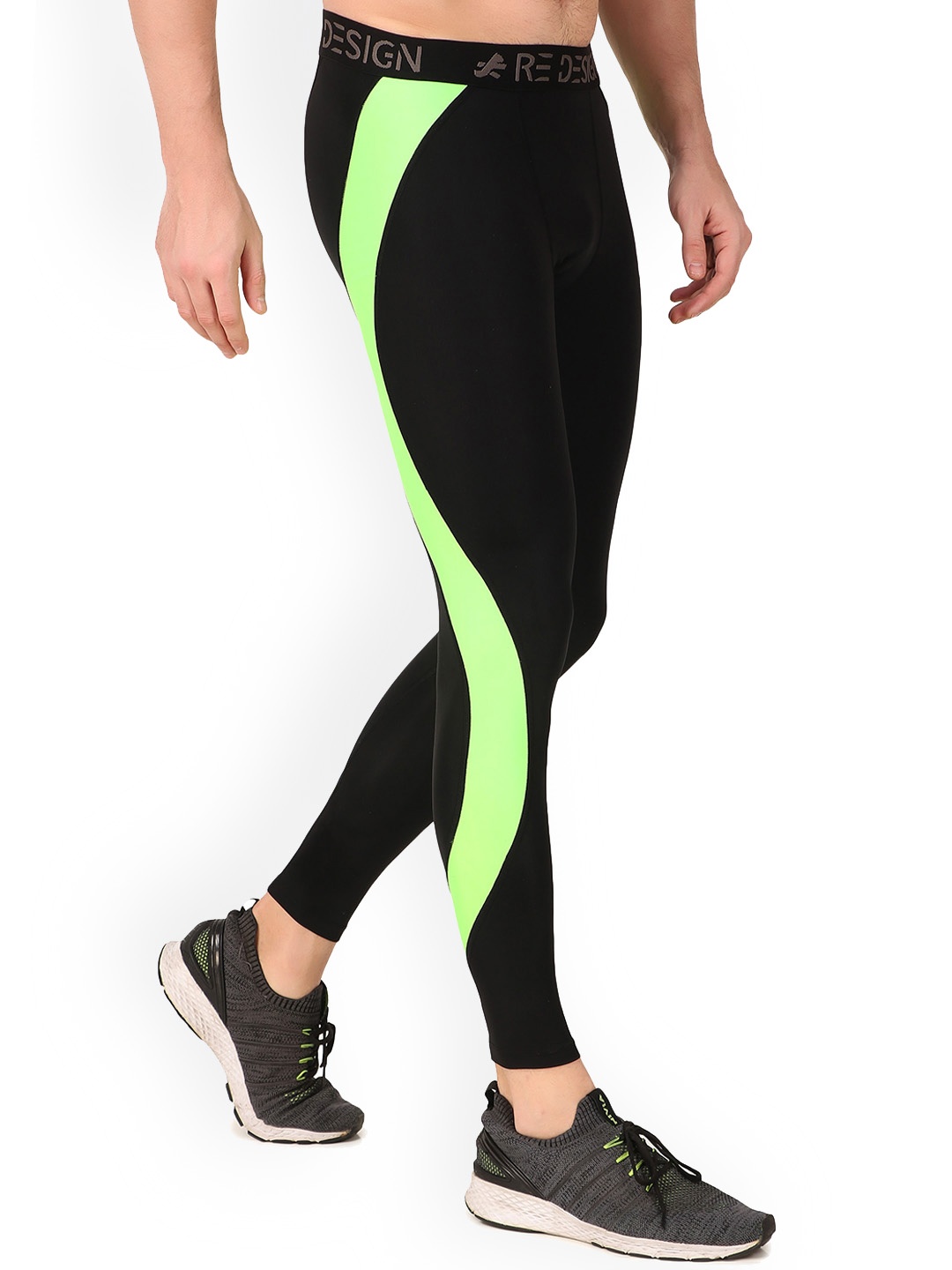 

REDESIGN Men Colourblocked Mid-Rise Rapid-Dry Nylon Ankle Length Training Tights, Black