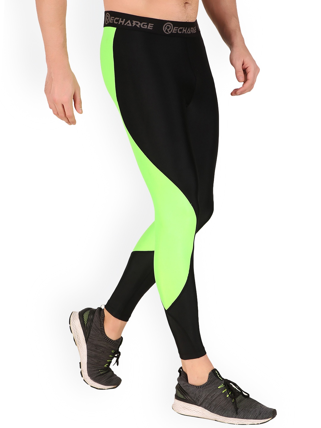 

REDESIGN Men Rapid-Dry Colourblocked Running Slim-Fit Ankle-Length Tights, Green