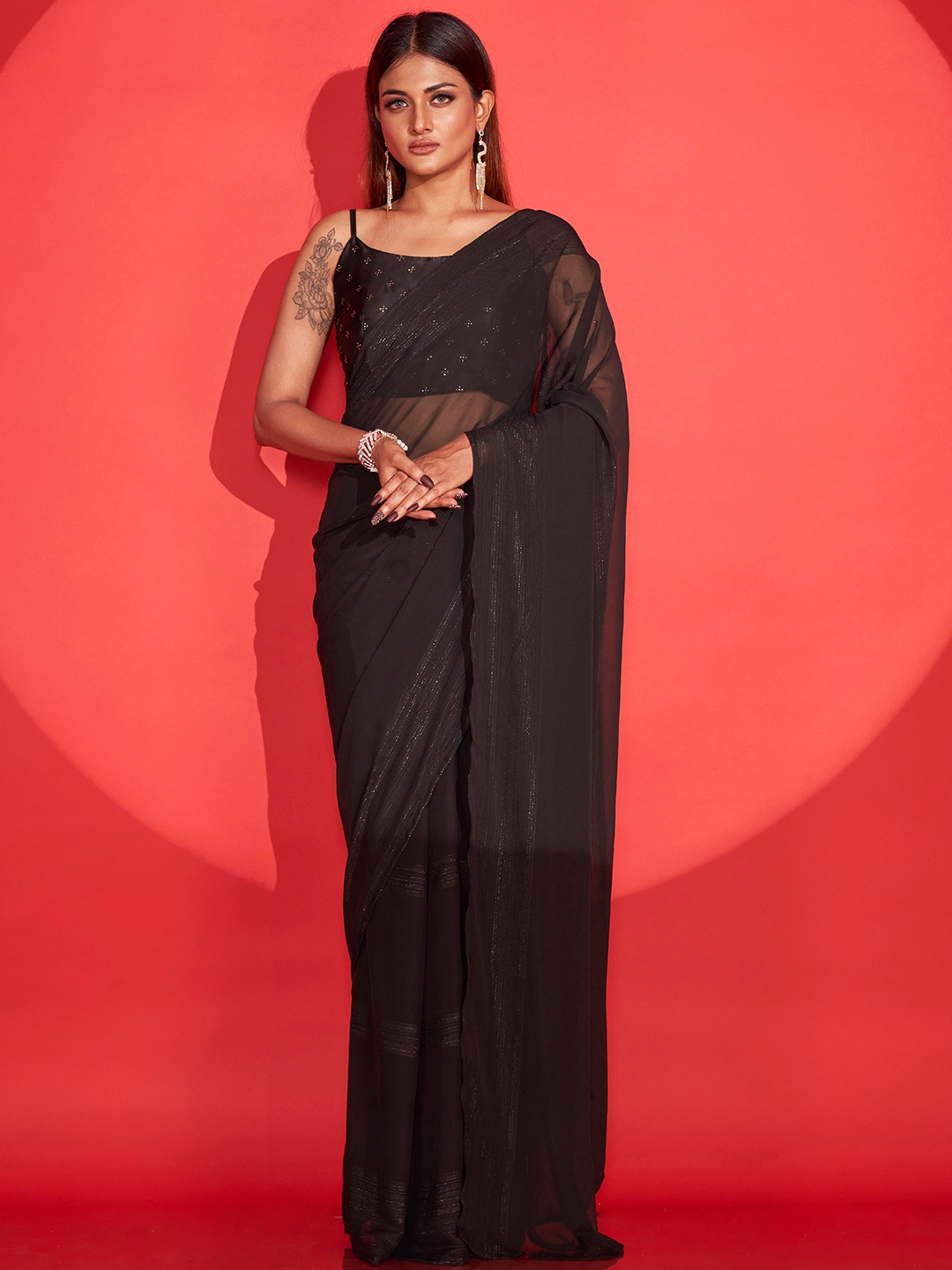 

Tikhi Imli Striped Semi Sheer Ready to Wear Saree, Black