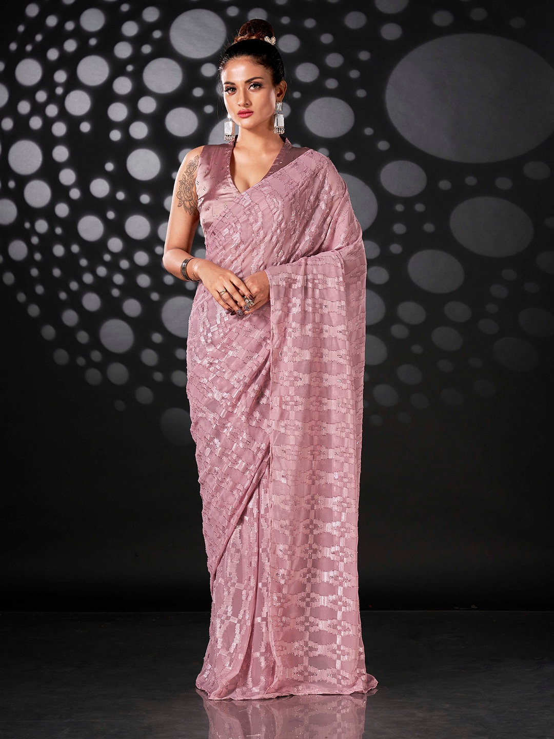 

Tikhi Imli Ethnic Motifs Woven Design Ready to Wear Saree, Pink