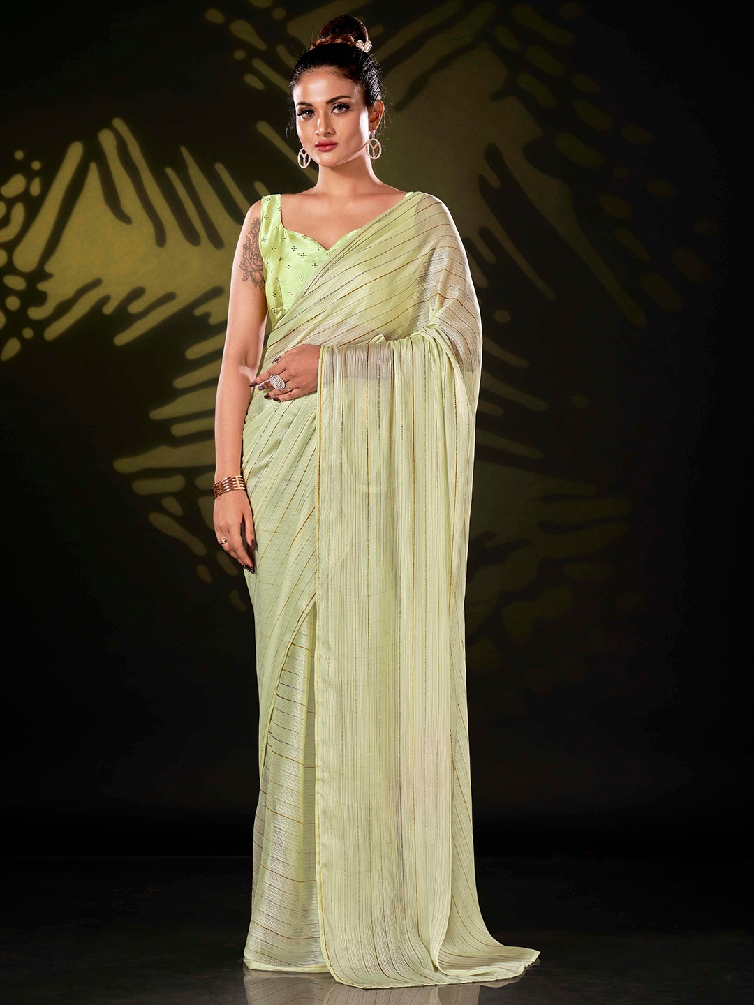 

Tikhi Imli Striped Semi Sheer Ready to Wear Saree, Green